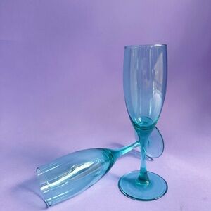 2 Luminarc Teal Green Fluted Champage Glasses Pair Durand France